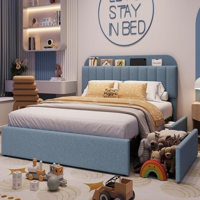 Twin Bed Frame with Storage Headboard, Girls Bed Frame with 2 Drawers