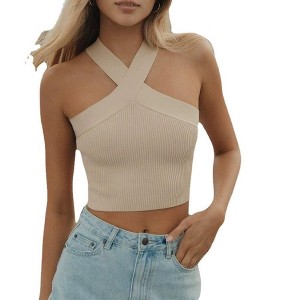 Clearlove Women’s Basic Criss-Cross Halter Neck Crop Tops Solid Ribbed Knit Off Shoulder Sleeveless Crop Tank Top - 1 of 4