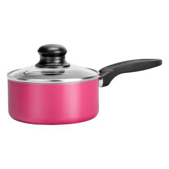 NutriChef Pink Sauce Pot with Lid, (0.89 qt) Kitchen Cookware, Black Coating Inside, Heat Resistant Lacquer Outside (Pink)