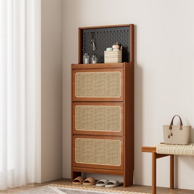 Rattan Shoe Cabinet with 3 Flip Drawers, Freestanding Tipping Bucket Shoe Rack with Pegboard,  Hidden Narrow Shoe Cabinet for Entrance Hallway Bedroom