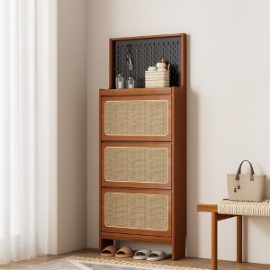 Rattan Shoe Cabinet with 3 Flip Drawers, Freestanding Tipping Bucket Shoe Rack with Pegboard,  Hidden Narrow Shoe Cabinet for Entrance Hallway Bedroom - 1 of 4