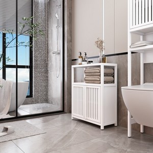 Large Capacity Bamboo Bathroom Storage Cabinet with One Open Shelf, White - 1 of 4