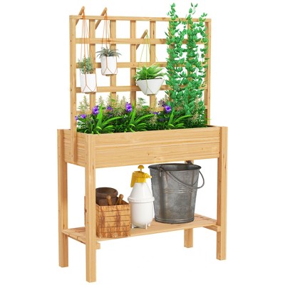 Outsunny Wooden Raised Planter Box with Trellis, Raised Flower Bed with Storage Shelf, Outdoor Garden Planter for Vegetables, Flowers, Herbs