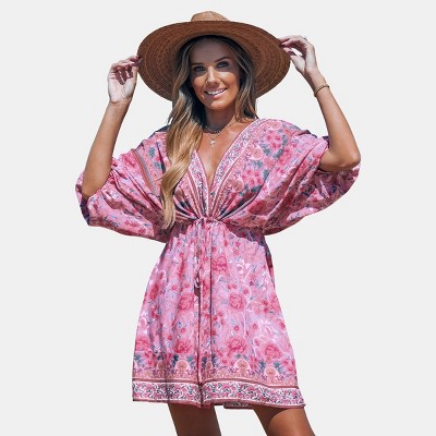 Women's Pink Floral Plunging Blouson Sleeve Mini Dress - Cupshe