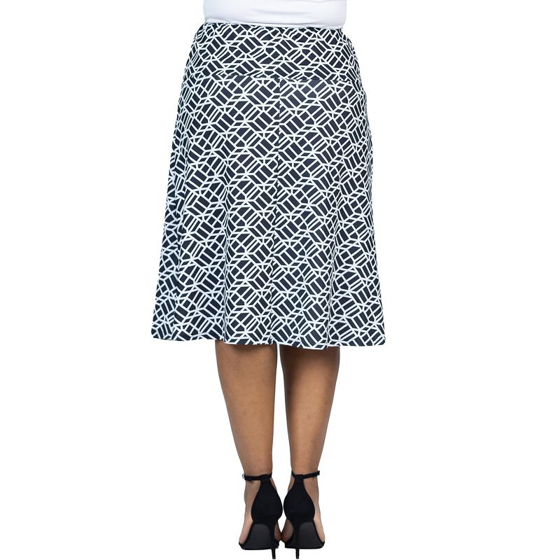 24seven Comfort Apparel Plus Size Black Geometric Print Comfortable Elastic Waist Knee Length Skirt, 3 of 7