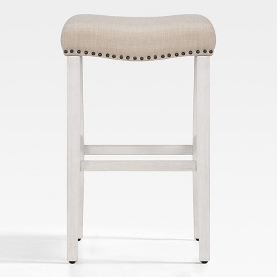 29" Beige Linen Upholstered Wooden Saddle Barstool