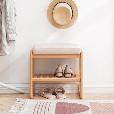 Modern Natural Solid Wood Shoe Bench,Fabric Upholstered Hallway Shoe Cabinet Bench,Organizer Shoe For Entryway Living Room-Cuddlewood
