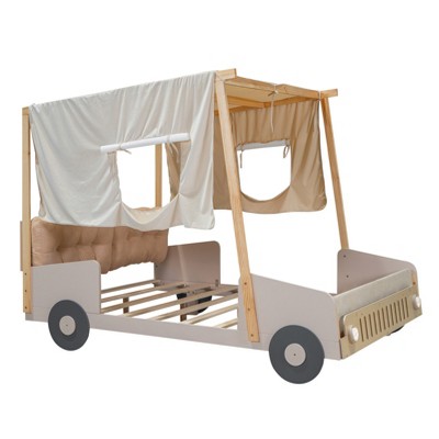 YOOCOZZ Full & Twin Size Wood Car Bed with Pillow, Ceiling Cloth, and LED