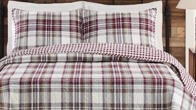 Camden Gray and Red Cotton Plaid Full Quilt Set