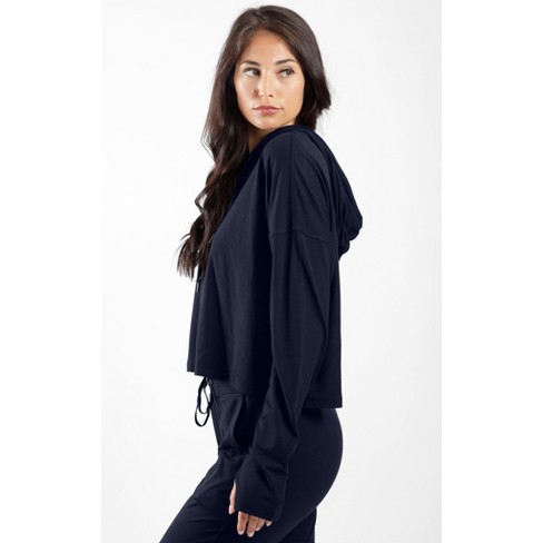 90 Degree By Reflex - Women's Two Tone Long Sleeve Cropped Hoodie Top -  Heather Dark Navy - Small : Target