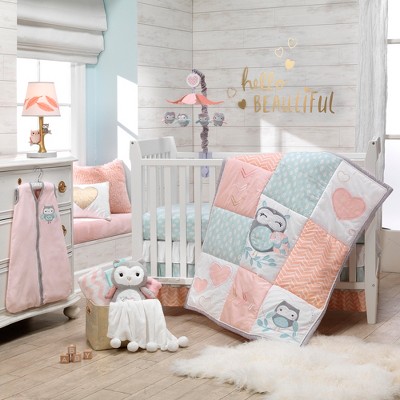Lambs & Ivy Sweet Owl Dreams Pink Heart Nursery 5-Piece Baby Crib Bedding Set