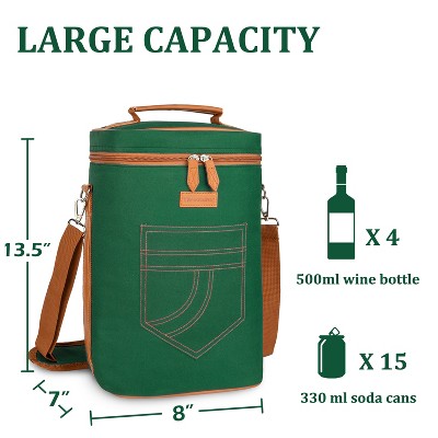 Green Insulated 4-Bottle Wine Cooler Tote Bag with Leather Handles
