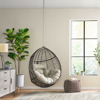 Outdoor Rattan Hanging Chair With Cushion,Indoor Hammock With Iron Frame,Polyethylene Rattan Woven Patio Lounge Chair,No Stand-Coolbibila