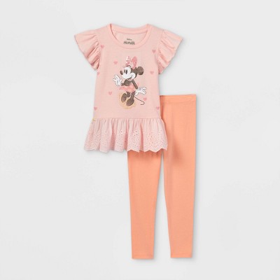 Toddler Girls' Minnie Mouse Short Sleeve T-Shirt and Rib Knit Leggings Set - Orange/Pink 2T