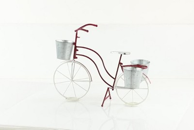 Red and Gray Metal Bicycle Plant Stand with Basket and Saddle Bag Planters