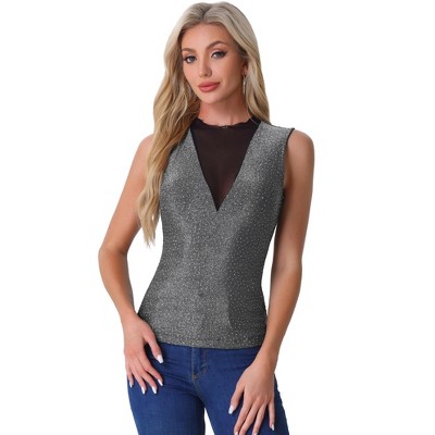 Allegra K Women's Sleeveless Mesh Glitter Party Club Sparkly Blouse