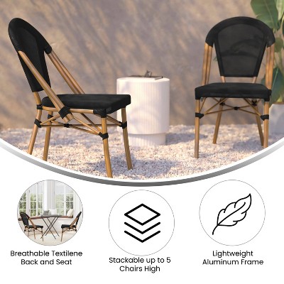 Black and Natural Armless Stacking Bistro Chairs with Metal Frame, Set of 2