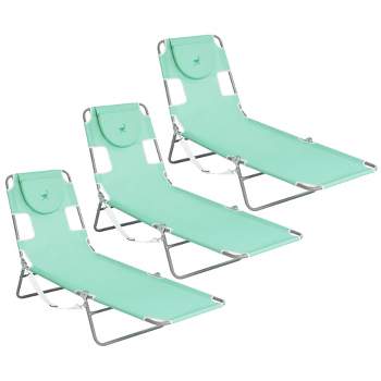 Ostrich Chaise Lounge Outdoor Portable Folding 4-Position Recliner Chair for Beach, Patio, Camp, & Pool with Carrying Strap, Teal (3 Pack)