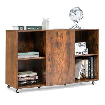 Tangkula 3-Tier Wood Bookcase 6 Cube Bookshelf w/ Door Wheels Display Cabinet