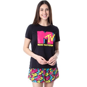 MTV Womens' Music Television Neon Cassette Tape Sleep Pajama Set Short Multicolored - 1 of 4