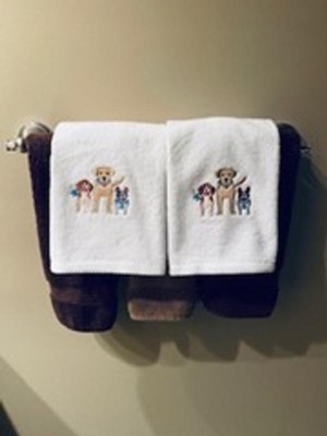 2 EMBROIDERED KITCHEN TERRY HAND TOWELS,15x25,DOG IN SUMMER