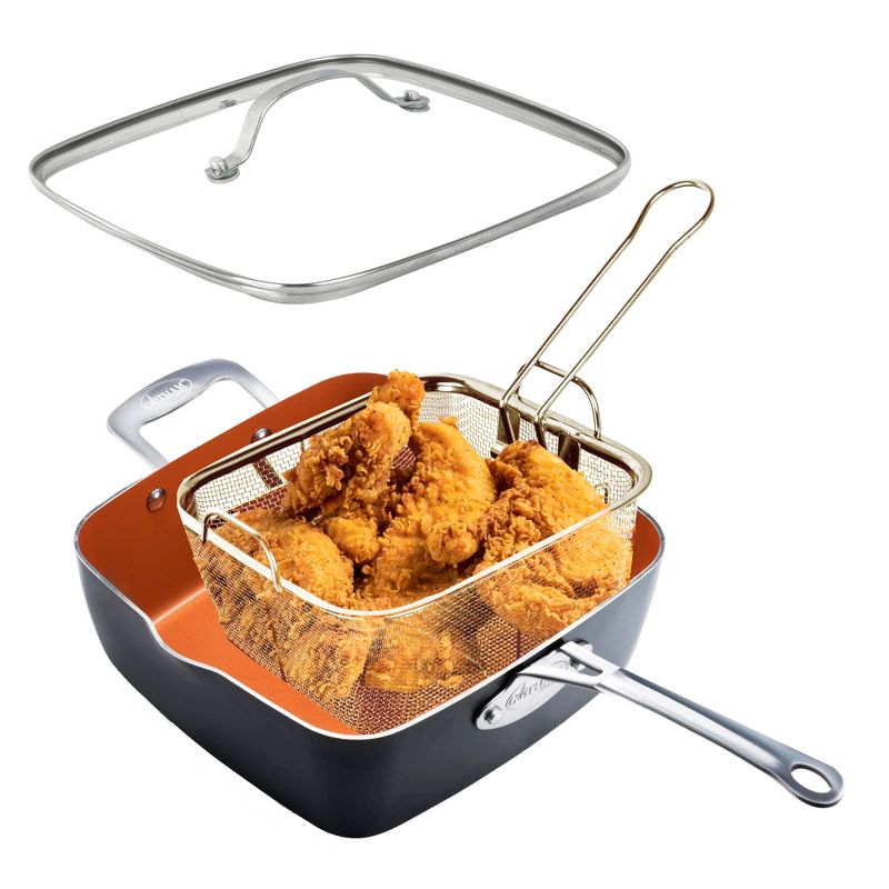 Gotham Steel 9.5" Deep Squre Nonstick Pan with Steamer Tray, Fry Basket and Glass Lid, 2 of 6