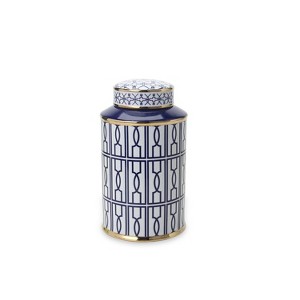 Gulches Elegant White Ceramic Ginger Jar with Blue Geometric Design & Removable Lid - 1 of 4