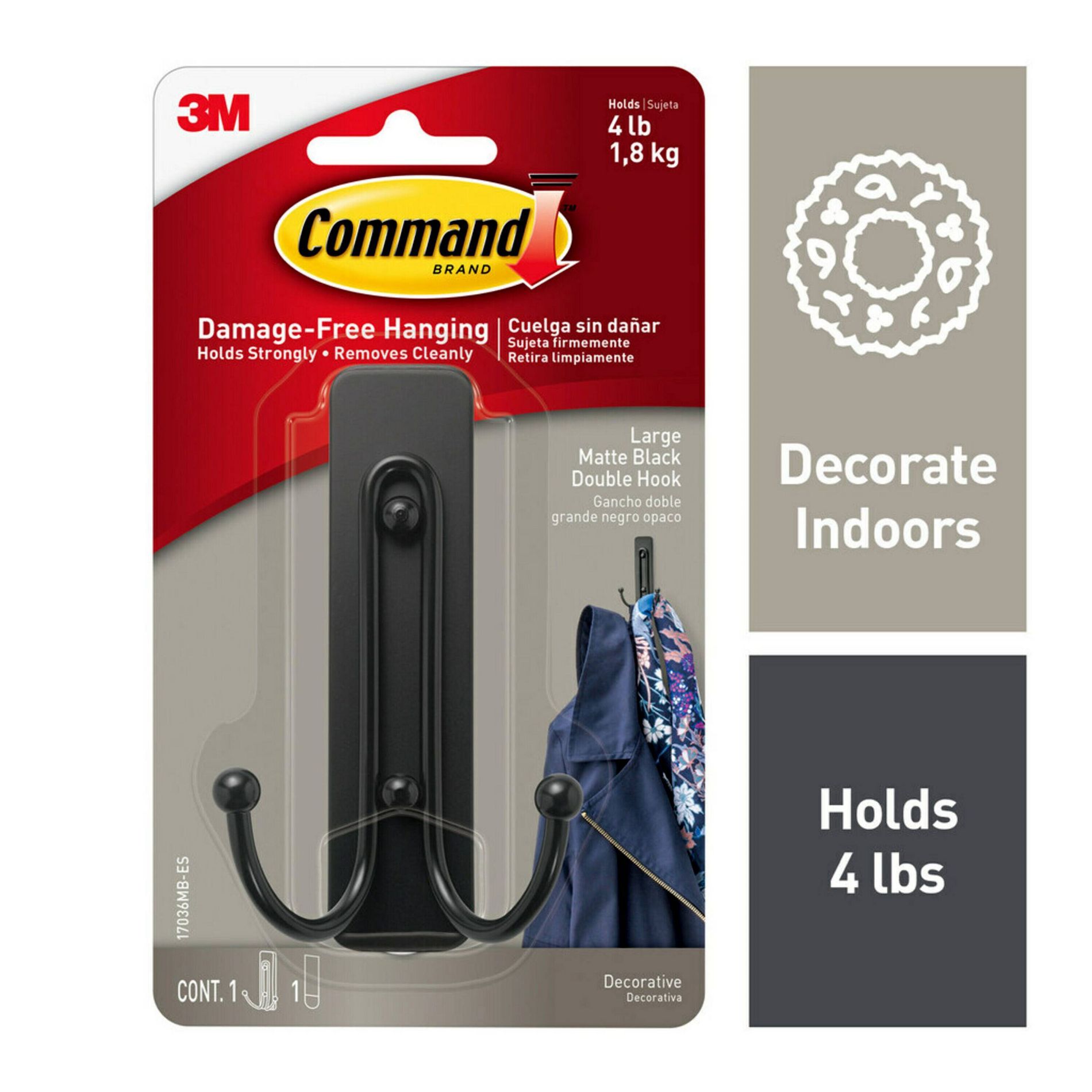 Command Large Sized Double Decorative Hook Matte Black: Wall Hooks, Plastic, Painted Finish, 4 lb Capacity