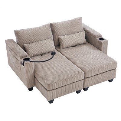 TiramisuBest 63" Convertible Chaise Lounge Loveseat Sofa Bed Corduroy Upholstery with USB Ports, Cup Holders, Phone Holder & Storage,Beige
