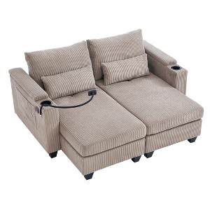 TiramisuBest 63" Convertible Chaise Lounge Loveseat Sofa Bed Corduroy Upholstery with USB Ports, Cup Holders, Phone Holder & Storage,Beige - 1 of 4