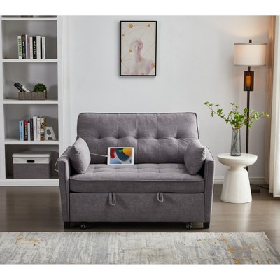 TiramisuBest 55" Velvet Foldable Sofa Bed with Adjustable Backrest and USB Port, 2-Seat Convertible Sleeper Couch with Pillows, Gray