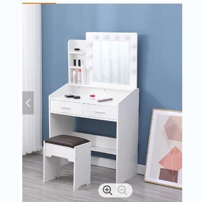 Vanity Desk with Lighted Mirror and Charging Station, Makeup Vanity Table with Cushioned Stool, 2 Drawers & 3 Open Shelves,