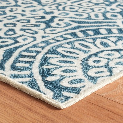 Temple Ink Blue and White Synthetic Machine Washable Rug, 3x5