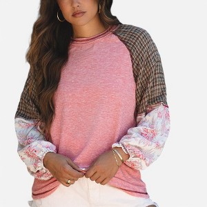 Amaryllis Women's Boho Patchwork Long Sleeve Top Mixed Print Raglan Sleeves Casual Relaxed Fit Tunic Lightweight Pullover - 1 of 4