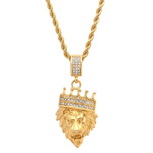 Steeltime 30" Men's stainless steel and simulated diamonds lion's head with crown pendant. Color Options: Silver, Gold, Black - 1 of 4