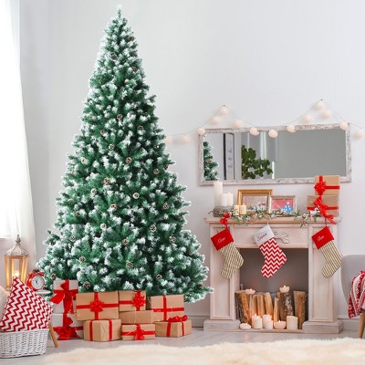 Costway 9ft Snow Flocked Hinged Christmas Tree w/ 2028 Branch Tips & Pine Cones