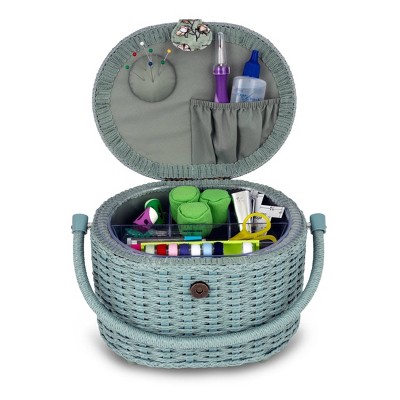 Small Soft Green Floral Oval Weaved Sewing Basket with Cord Handle