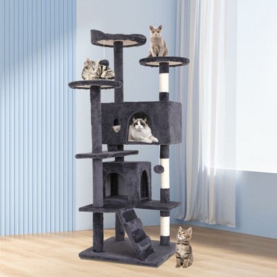 54" Gray Multi-Level Cat Tree Tower with Sisal Posts