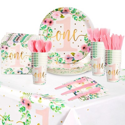 Blue Panda 145-Piece Baby Girl's 1st Birthday Party Decorations, Floral Little Miss Onederful Dinnerware with Tablecloth, Serves 24