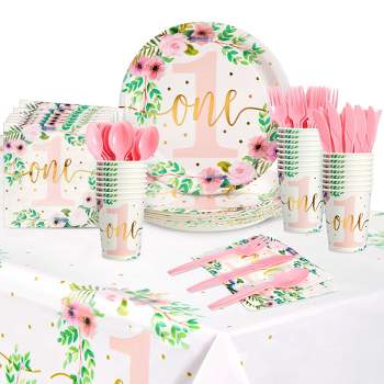 Blue Panda 145-Piece Baby Girl's 1st Birthday Party Decorations, Floral Little Miss Onederful Dinnerware with Tablecloth, Serves 24