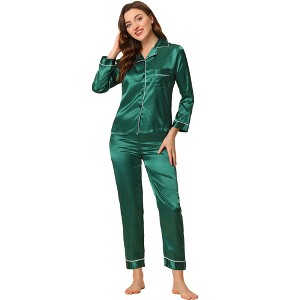 Allegra K Women's Satin Button Down Sleepshirt with Pants Sleepwear Pajama Set - 1 of 4