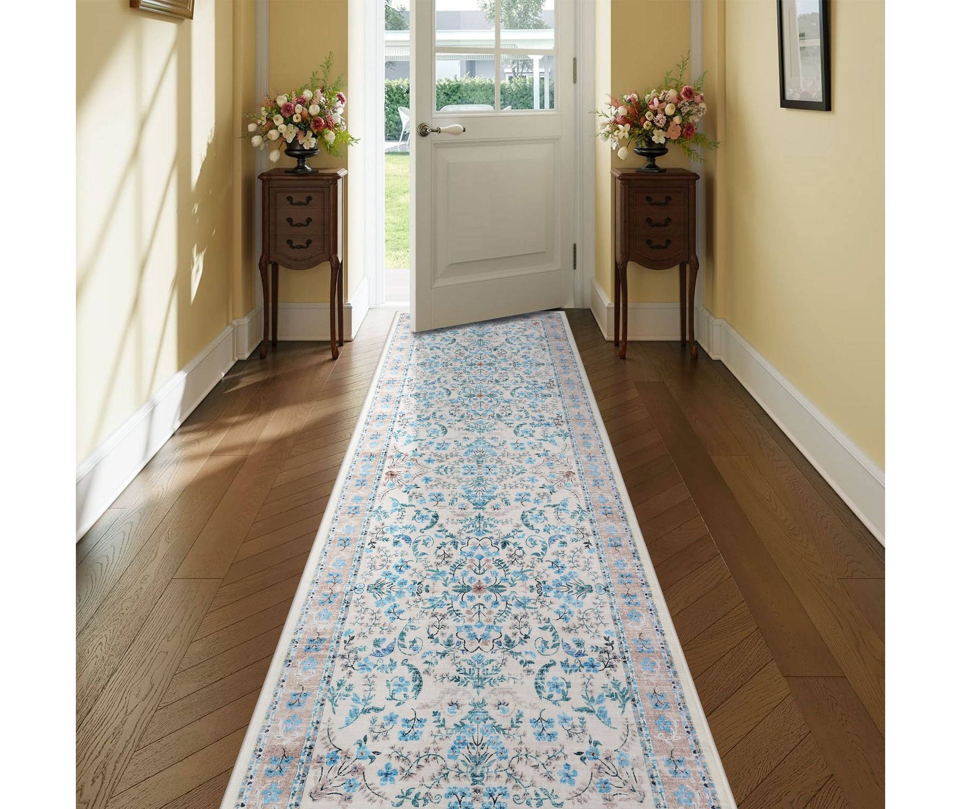 Washable Area Rug, Boho Floral Soft Rugs for Living Room, Non Slip Low Pile Carpet for Bedroom, Dining Room, Nursery, Hallway