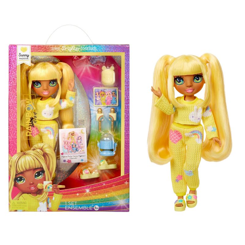 Rainbow High Jr High PJ Party Sunny Yellow 9&#39;&#39;Posable Doll with Soft One Piece Pajama, Slippers, Play Accessories, 1 of 9