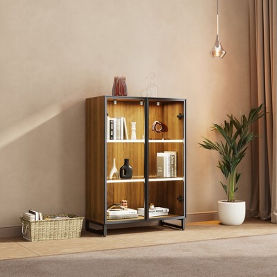 Walnut and Glass Lighted Curio Cabinet with Adjustable Shelves