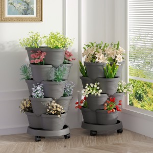 VECELO 5-Tier Vertical Garden Planter, Self Watering Stackable Planter with Wheels for Strawberries, Flowers, Vegetables, Set of 1/2 - 1 of 4