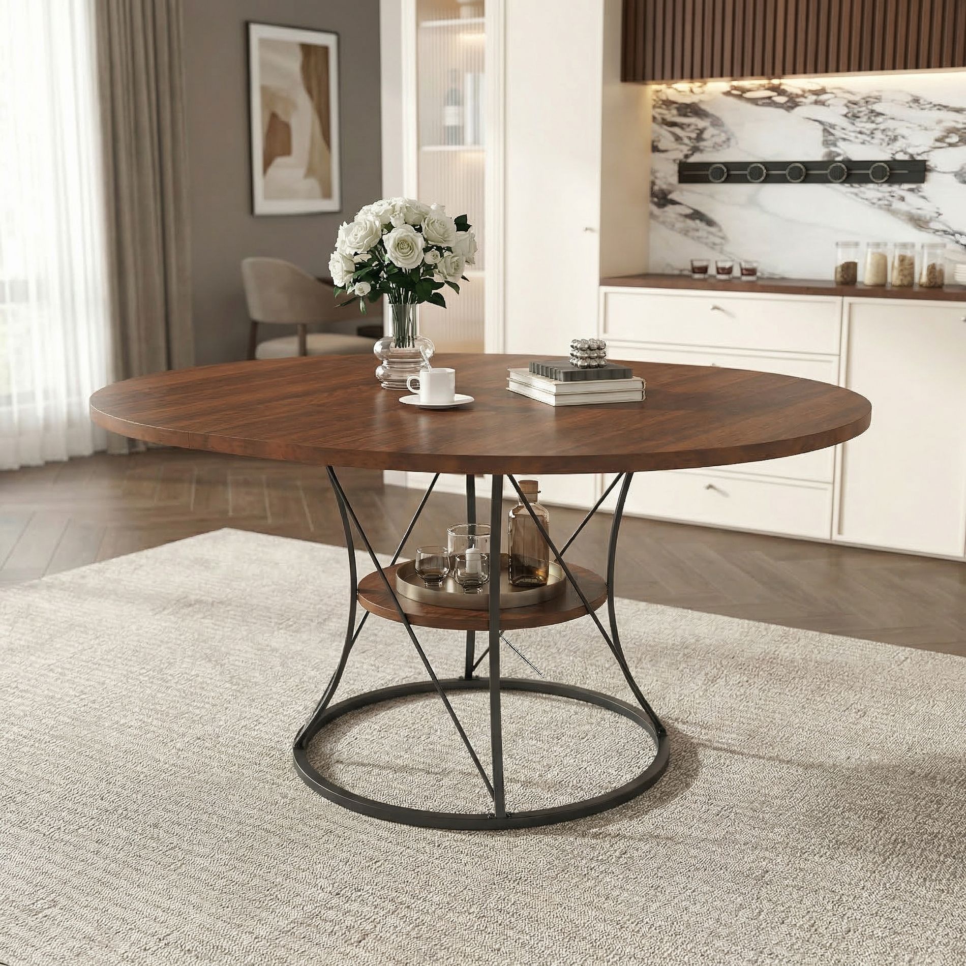 Round Farmhouse Dining Table – 43" Expandable to 59" with Storage Shelf, Wood Top & Black Metal Base, Seats 4-6 for Kitchen, Dining Room, Small Spaces