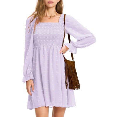 EXLURA Women's 2025 Summer Long Sleeve Party Swiss Dot Dress Smocked Ruffle Cocktail Mini Dresses