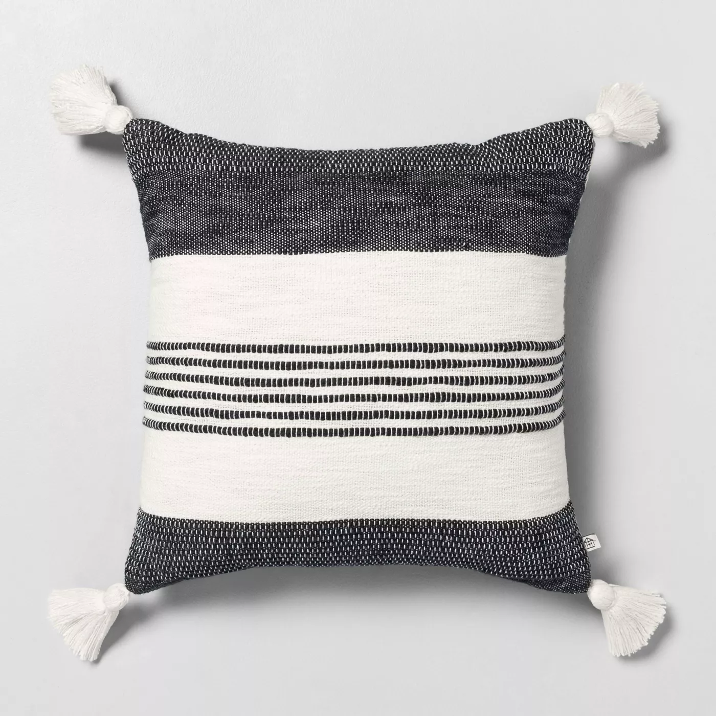 18" x 18" Center Stripes Tassel Throw Pillow Railroad Gray - Hearth & Hand™ with Magnolia - image 1 of 3