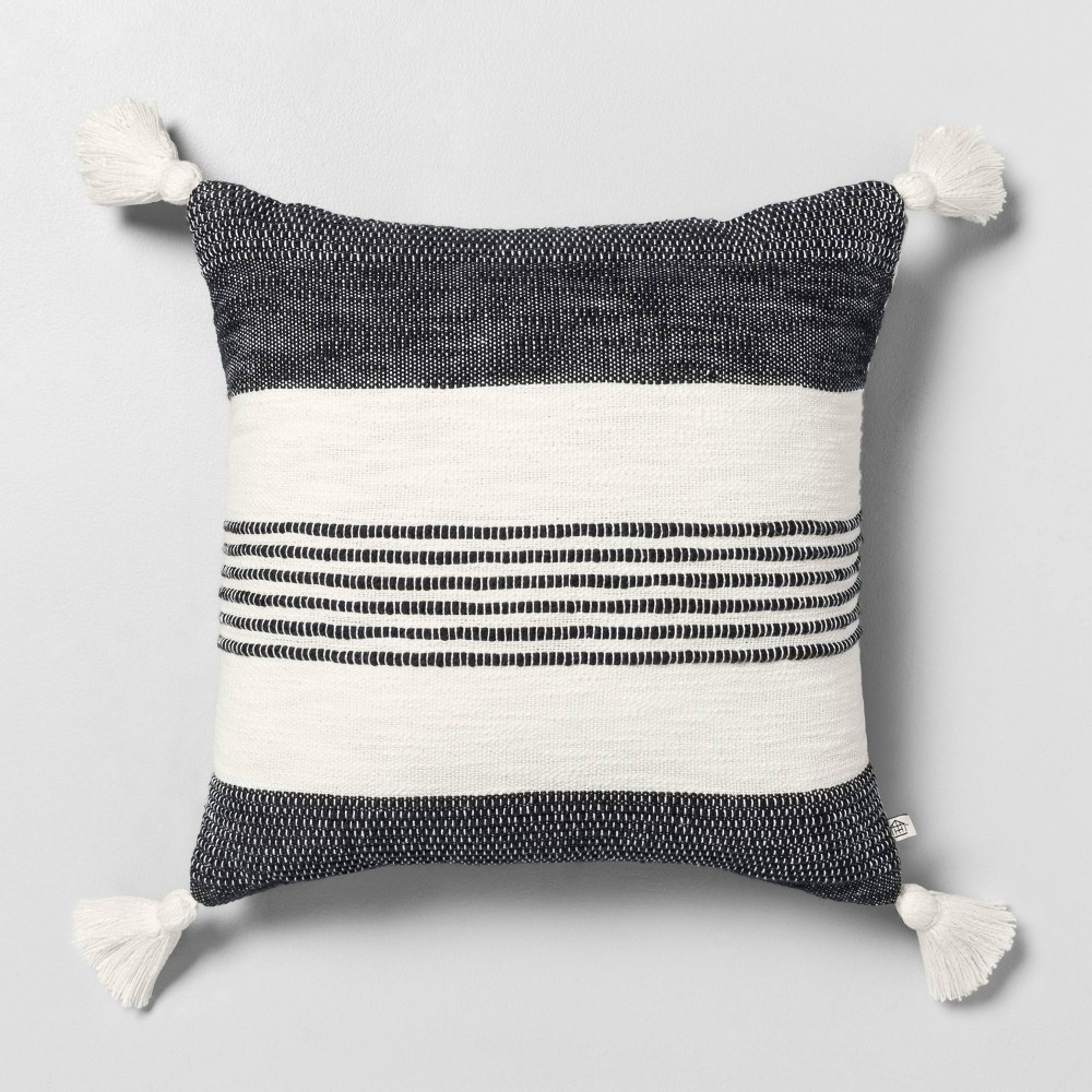 18"x18" Center Stripes Tassel Throw Pillow Dark Gray/Cream - Hearth & Hand™ with Magnolia: Decorative Square Cushion for Indoor Use