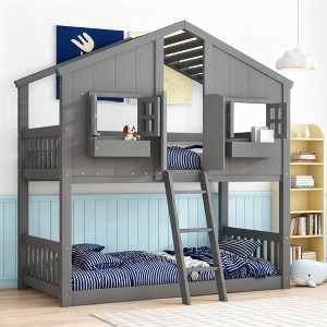 Luxystar Twin over Twin House Bunk Bed with Roof , Window, Window Box, Door, Safety Guardrails and Ladder for Kids’ Room - 1 of 4